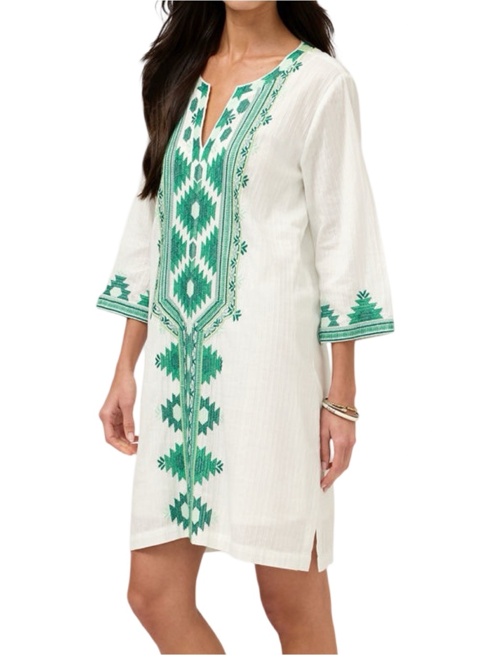 Johnny Was Women’s Size S White Tunic Dress Green Embroidery Short Kaftan Dress